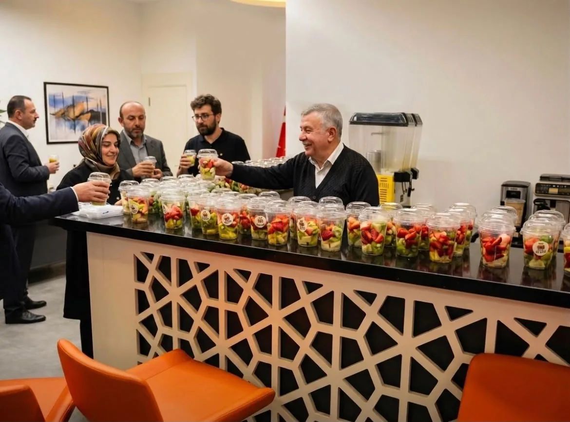 Toplantı organizasyonunda misafirlere Taze Kasam meyve bardakları ikram ediliyor